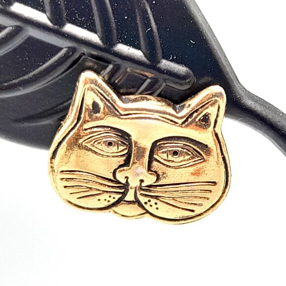 Laurel Burch Cat Face Post Earrings Gold Plated Black Enamel Vintage 1980s - Picture 2 of 10